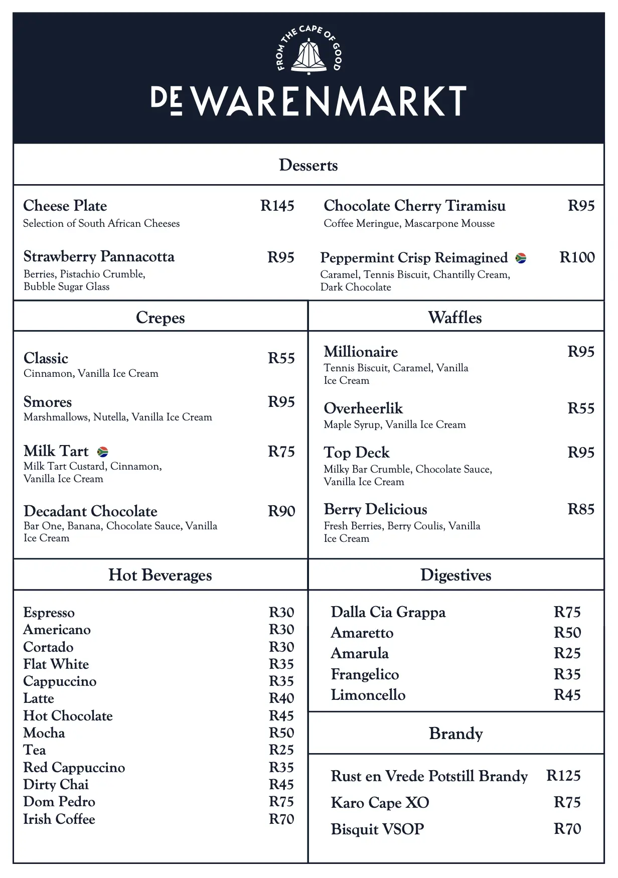 De Warenmarkt summer dessert menu 2026/27: desserts, crêpes, waffles, hot beverages, digestives and brandy