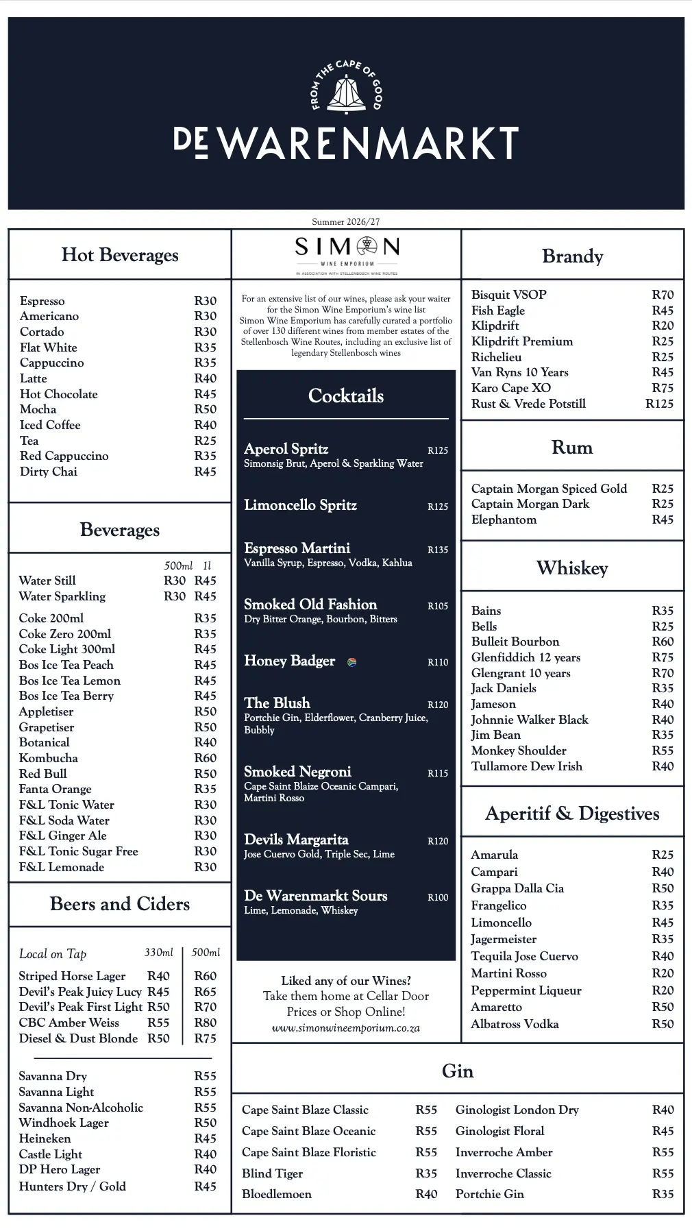 De Warenmarkt summer menu 2026/27, back: hot and cold beverages, cocktails, beer, gin, whiskey, rum, brandy and other spirits