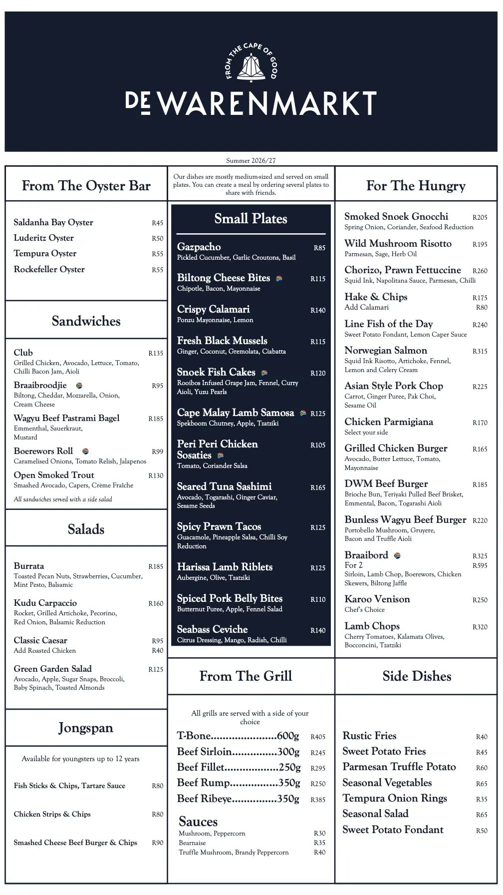 De Warenmarkt summer menu 2026/27, front: oysters, sandwiches, salads, small plates, mains, grills and side dishes