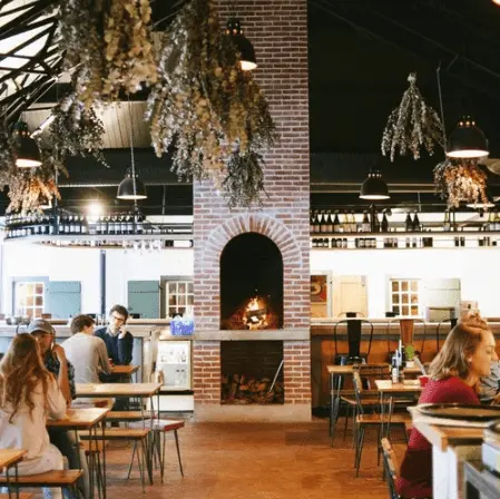 Cozy restaurant interior with brick fireplace, hanging plants, and diners